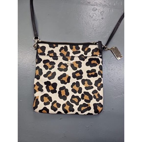 Coach Small Crossbody Bag Beige Leopard Print Leather Adjustable Strap Lined - Picture 3 of 10